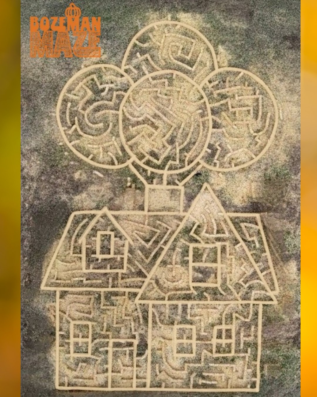 Aerial photo of Bozeman Maze in the shape of a floating house with balloons.